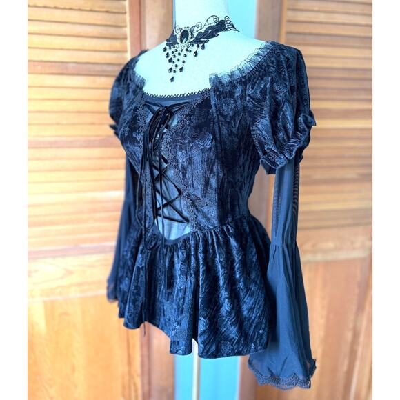 Devil Fashion Gothic Victorian Vampire Black Velvet Rose Princess Peplum Top - Picture 5 of 16